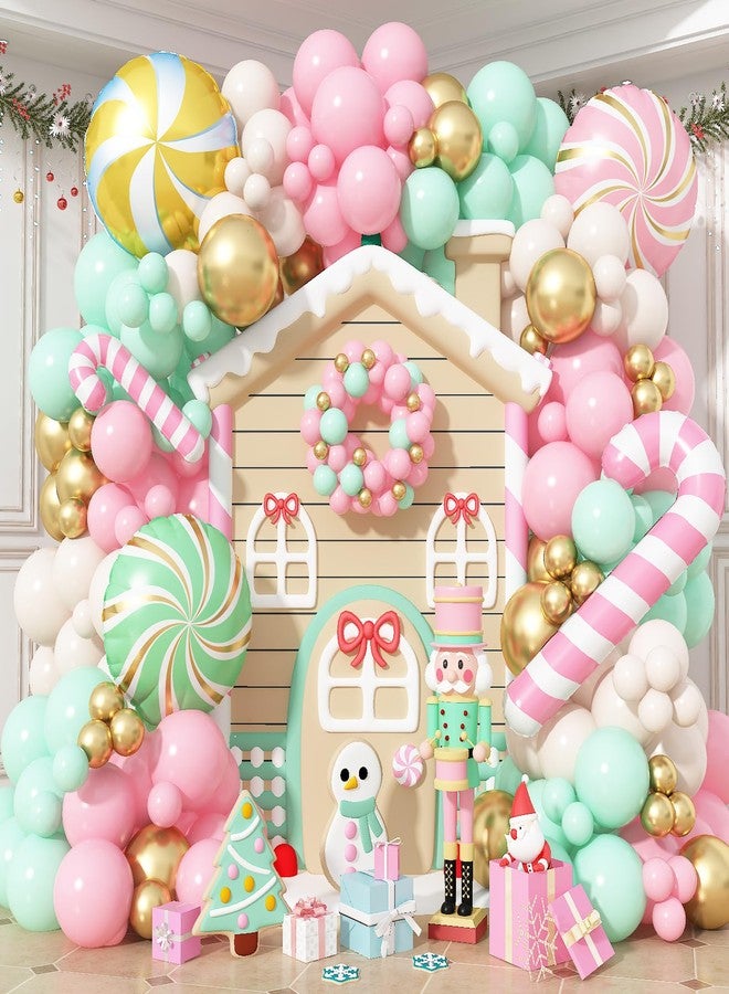 Togvu Christmas Balloons Garland Arch Kit, 125pcs Pastel Pink Green Balloon with Candy Cane Peppermint Foil Balloon for Christmas Theme New Year Xmas Holiday Birthday Party Decorations - Image 1